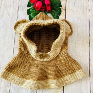 Handmade Kids Unisex Tan Beige Crochet Knit Bear Hat